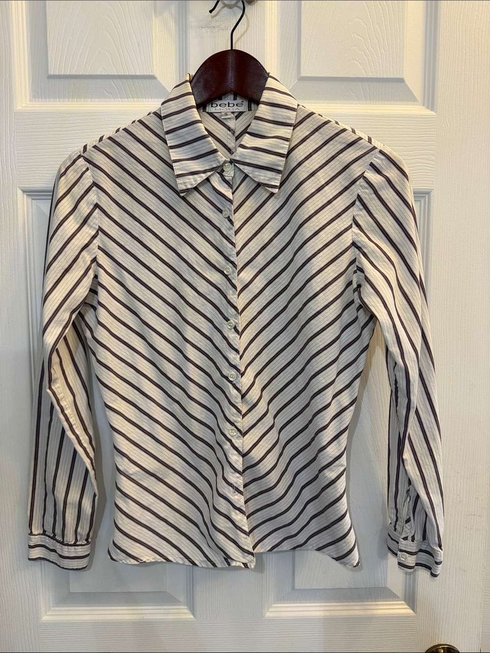 bebe White Vintage (deep wine and grey) Stripe Button-Down Shirt - Gorgeous!